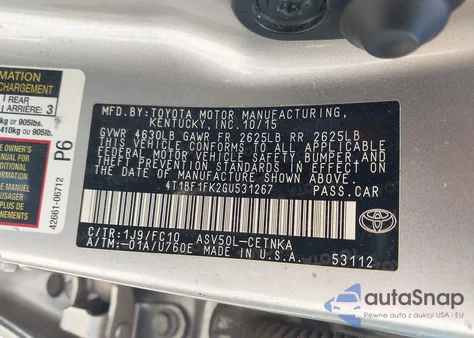 2016 Toyota Camry Le from USA, damaged, VIN 4T1BF1FK2GU531267